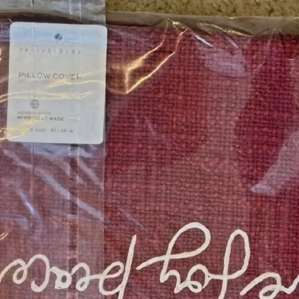 NEW Pottery Barn Love Joy Peace Embroidered Lumbar Pillow Cover | Cardinal Red